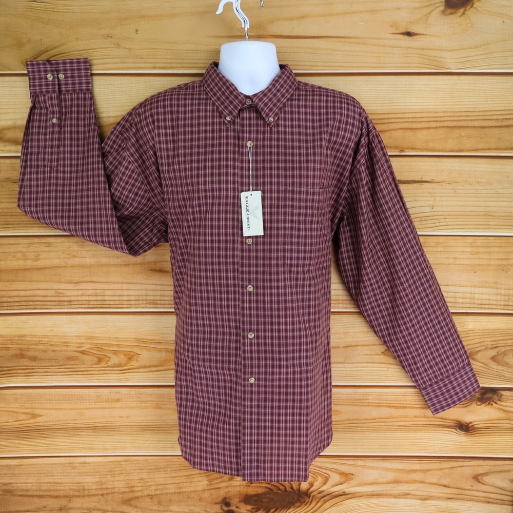 Eagle Crest Button Down Shirt Mens XL Maroon Plaid Single Needle Tailoring‎ NWT